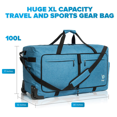 Bago Rolling Duffle Bag with Wheels - 30 100L Foldable Weekender Bag,  Waterproof Travel Duffel Bag, Heavy Duty lightWeight Duffle Bag for  Traveling