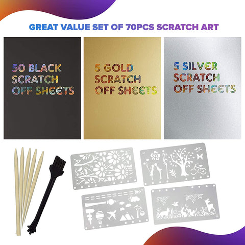 bago Scratch Art for Kids 70Pcs - Vibrant Rainbow Scratch Paper for Kids  and Adults Craft Fun (Black)